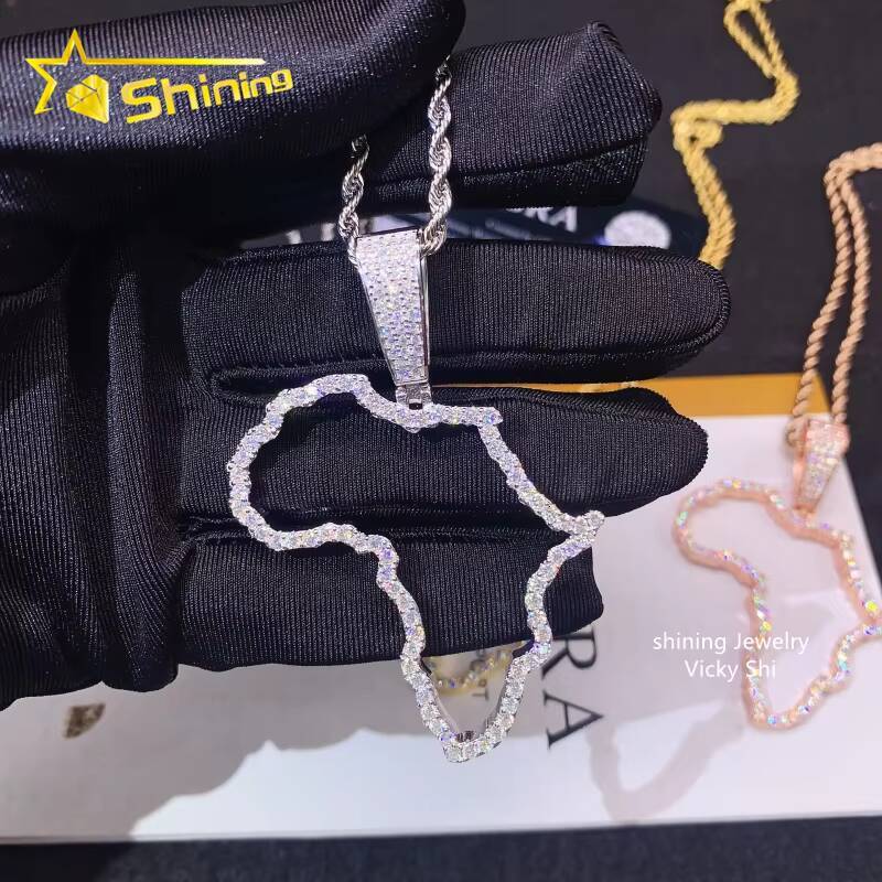 Hot Selling New Design Hip Hop Jewelry S925 Silver Gold Plated VVS Moissanite Diamond Map Pendant for Necklace