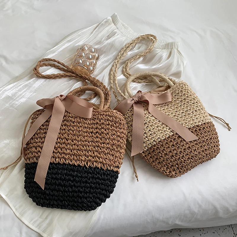 Bow Decors Bucket Shoulder Bags Handmade Straw Hollow out Bag Summer Female Travel Beach Bag Purse Vintage Handbags Bolsa 250714