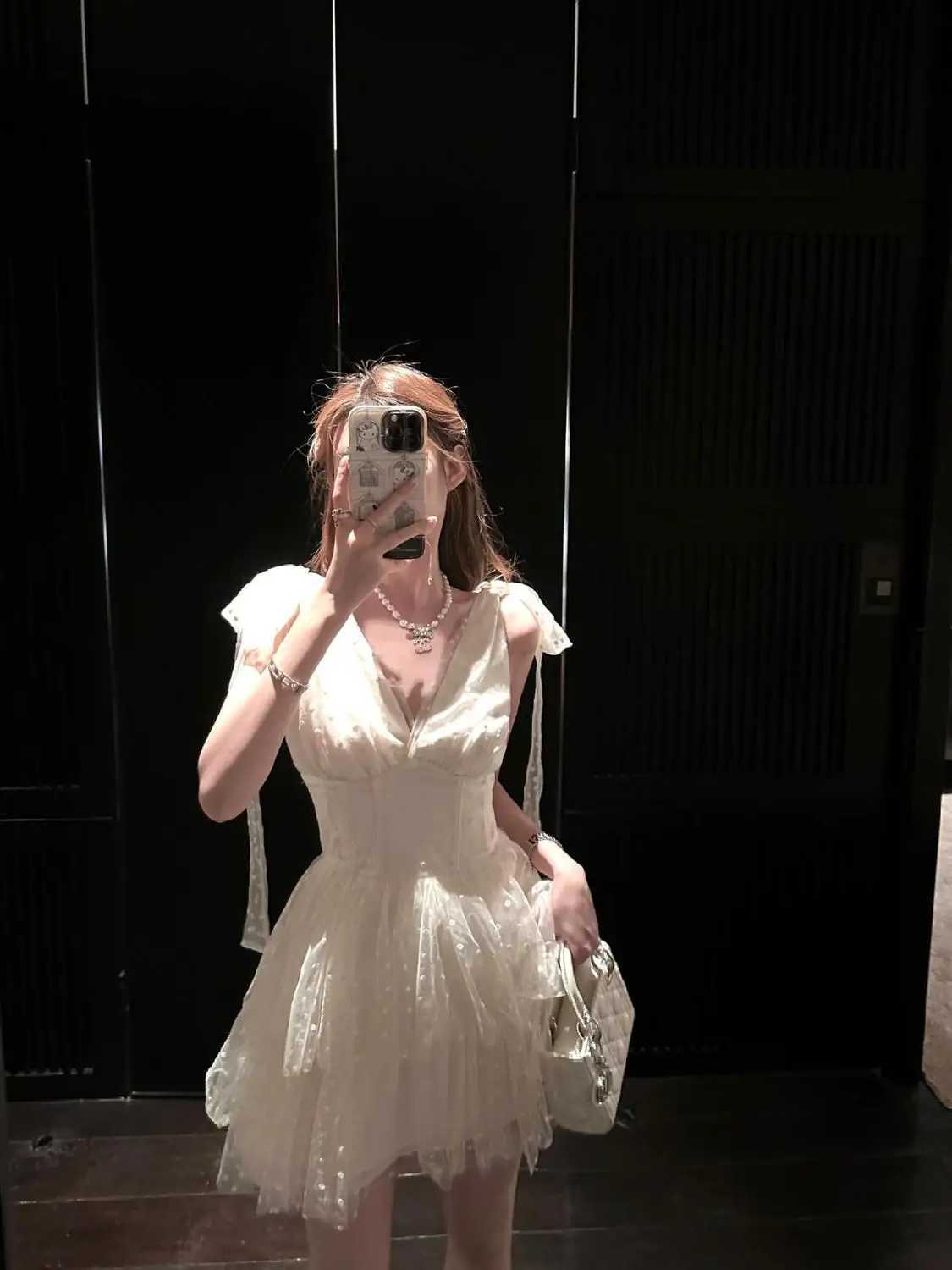 Elegant White Sleeveless Mini Dress Women V Neck Line Fairycore Mesh Tulle Layered Skirt Chic Party Outfit Summer Princess Style R250716
