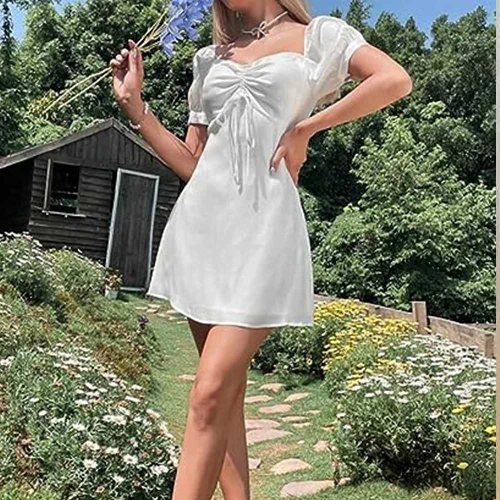 BIG PROMOTION Y2K Harajuku mini dress female sweetheart neckline ruffled lace front organza dress for women summer R250716