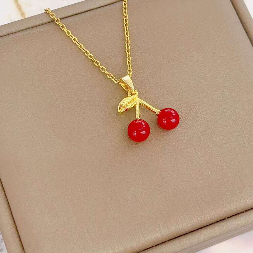 Minimalist High-End Niche Necklace Geometric Cherry Inlaid Design Long Clavicle Chain Versatile Women's Jewelry D05