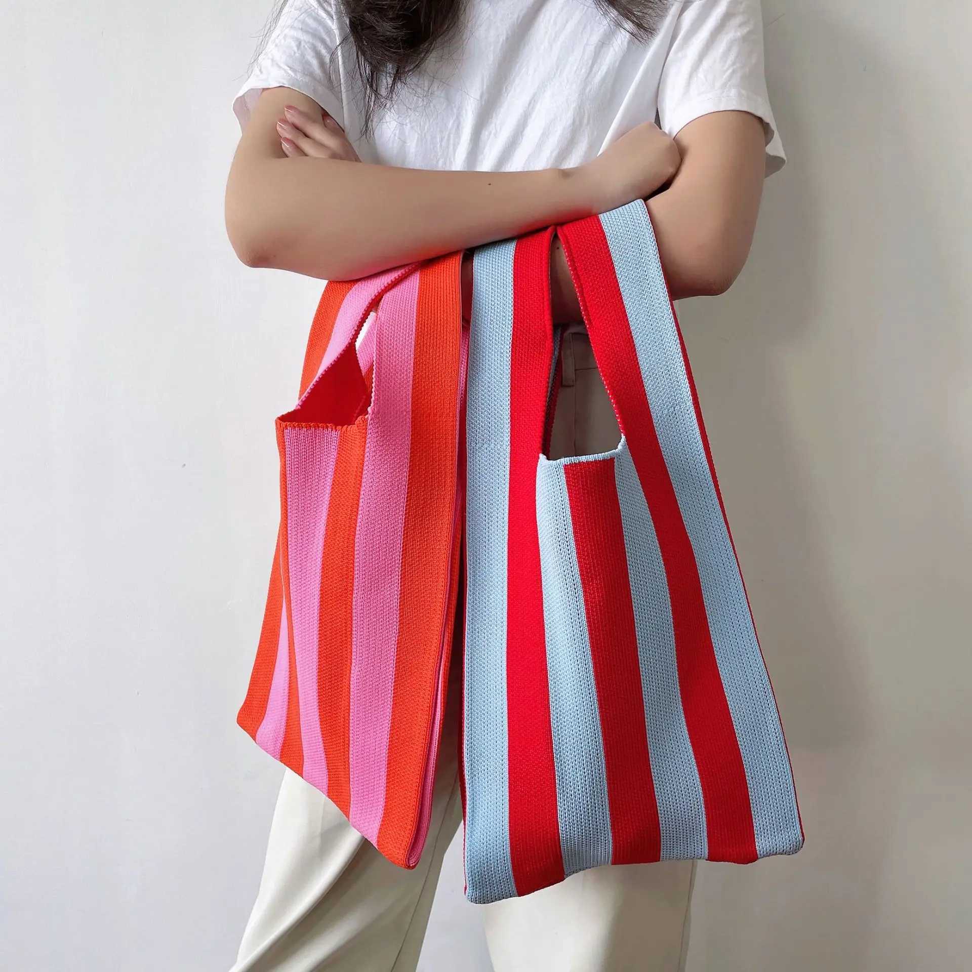 Striped Knitting Tote Bag Womens Shoulder Bag Hollow Out Tote Ladies Female Woven Shopper Purse Lady Crossbody Handbag