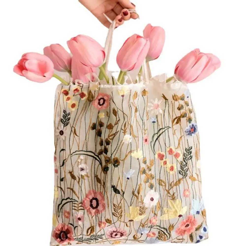 Simple Camellia Flower Embroidery Cloth Bag Lace Tote Bag Canvas Shoulder Bag Handbag Grocery Handbags Ethnic Style Bag Women