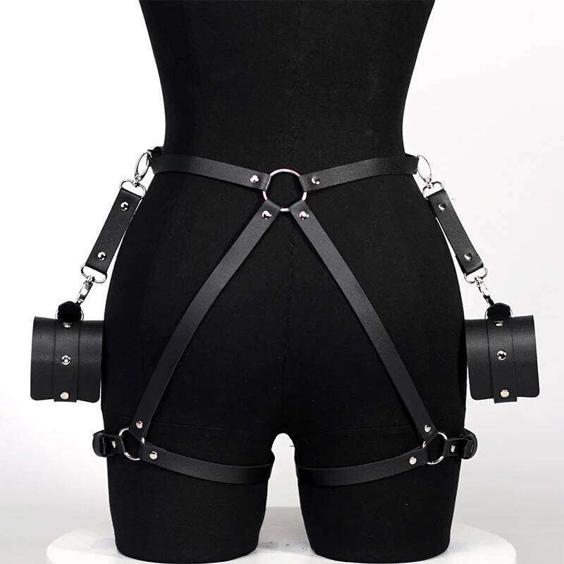 Bdsm Leather Garter Belt Lingerie Gothic Rave Costume Adult Bandage Lencerias PU Leg Loops Plus Size Underwear With Handcuffs