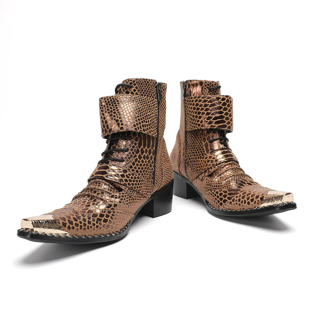 British Snake Print Pointed Toe Genuine Leather Motorcycle Ankle Boots Male Party Shoes Large Size Lace Up Cowboy Short Boots 250715