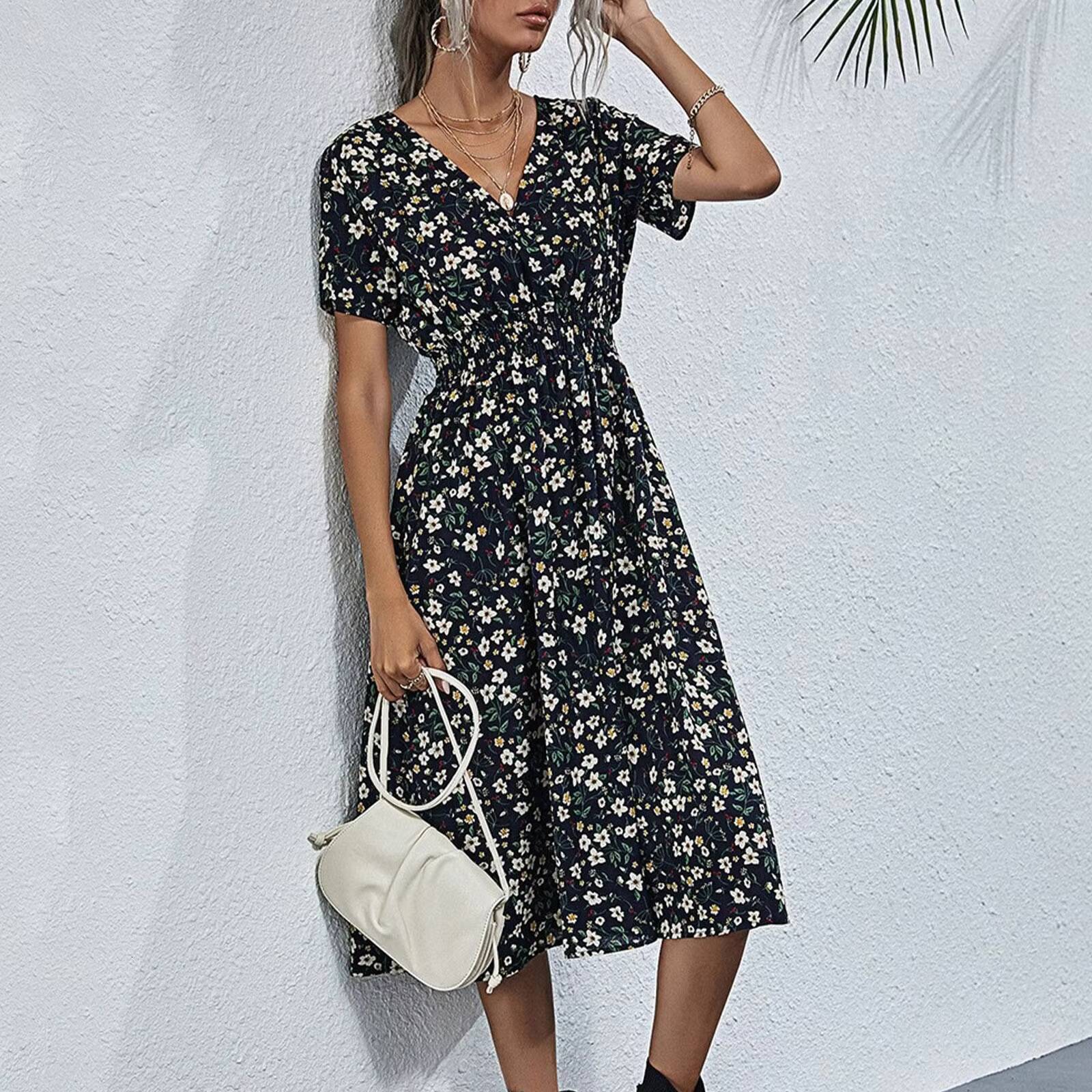 High Quality Luxury Design 2024 Elegant Cinching V-neck Printed Elastic Waist Maxi Sexy Dress Women Clothing Vestido dongdumaoyi