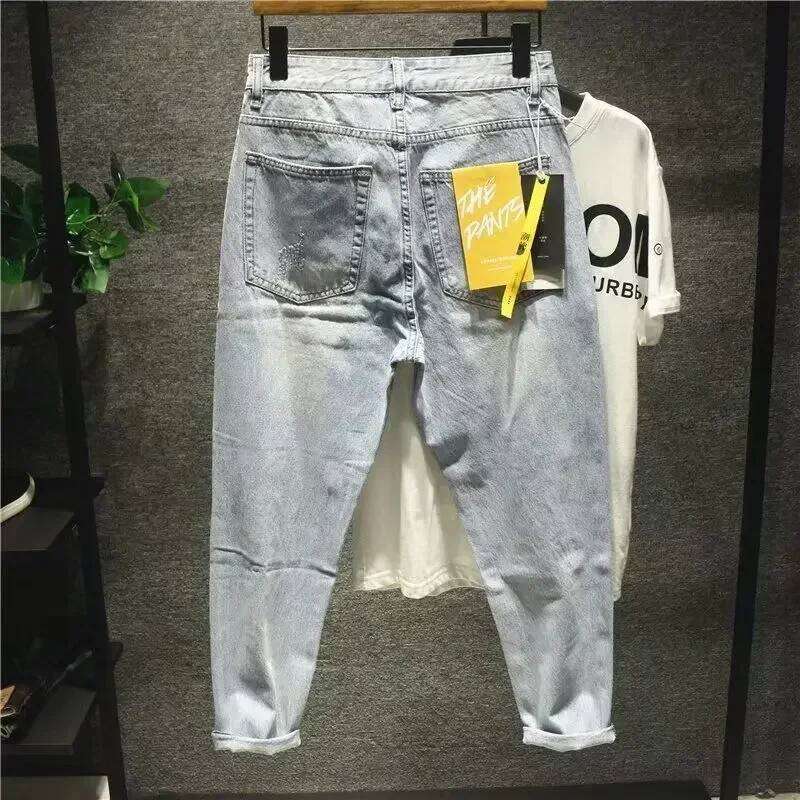 Men's Jeans With Holes Man Cowboy Pants Cropped Harem Hip Hop Trousers Torn Ripped Broken Retro Classic Trend 2024 Korean Style