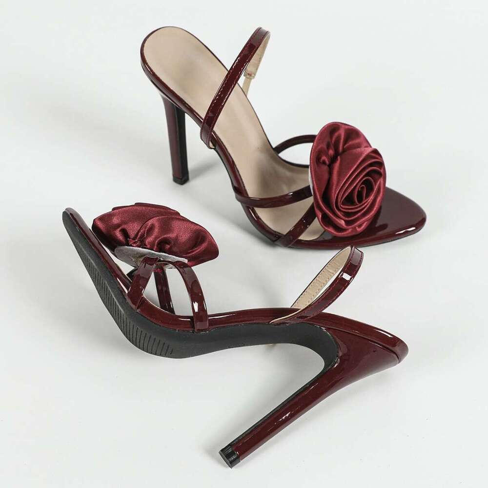 Women's Three-Dimensional Flower Cross Ankle Strap Round Toe Stiletto Rose Red High Heels