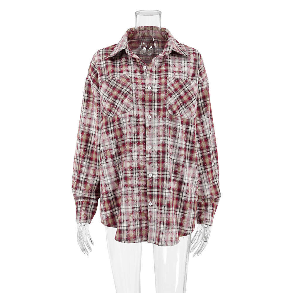 Long Sleeve Spring Summer New Style Outerwear Personality Street Vintage Plaid Shirt B5
