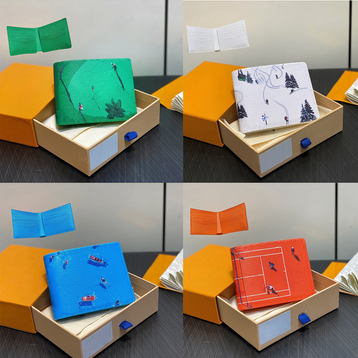 Designers MULTIPLE Wallet Swim Golf Paris Plaid Style Mens billfold Women Purse High-end Luxury Water ripple flowers SLENDER Wallets With box dust bag