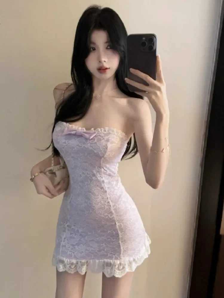 Ezgaga Dresses Women Sexy Strapless Lace Patchwork Bow Slim Stretch Elegant Backless Party Mini Dress Ladies Clubwear Sweet R250716