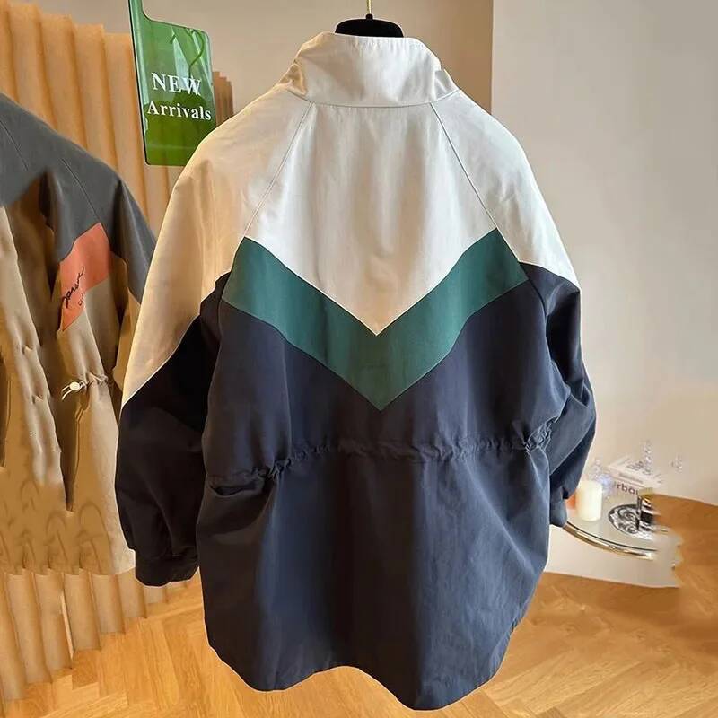 Fashion Contrast Color Women Jacket Casual Loose Zipper Single Breasted Drawstring Jackets 2025 New Streetwear Ladies Outerwear