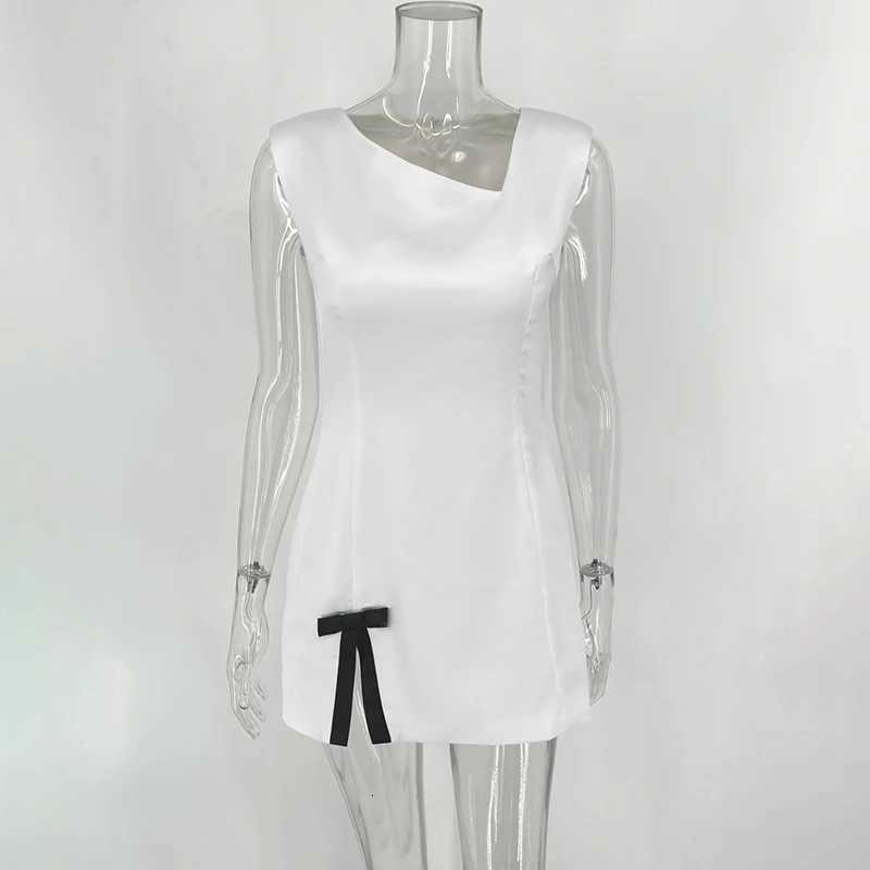 New Tank Dress For Women Skew Collar Fashion Bow Split Elegant Evening Party Short Dress Sleeveless Bodycon Outfits R250716
