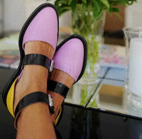 Women Buckle Flat Leather Shoes Ankle Strap Ladies Mixed Color Casual Comfort Female Round Toe Footwear Fashion Autumn 778 M250716