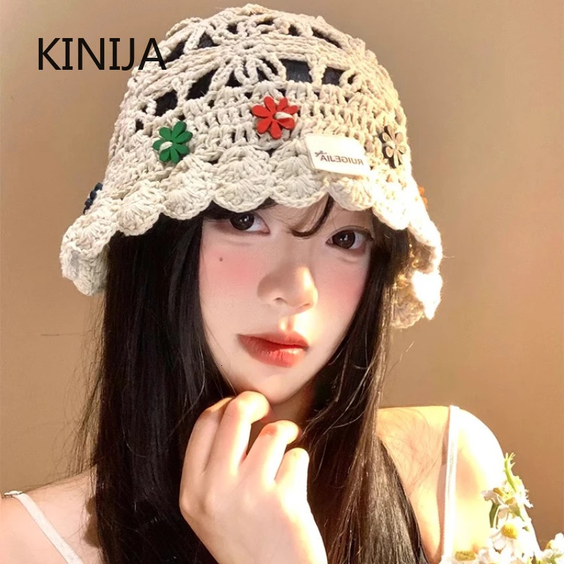 Korean Handmake Bucket Hat Flower Decoration Knitted Hollow Basin Hat Womens Summer Thin Breathable Sunshade Sun Cap Gorras 250715