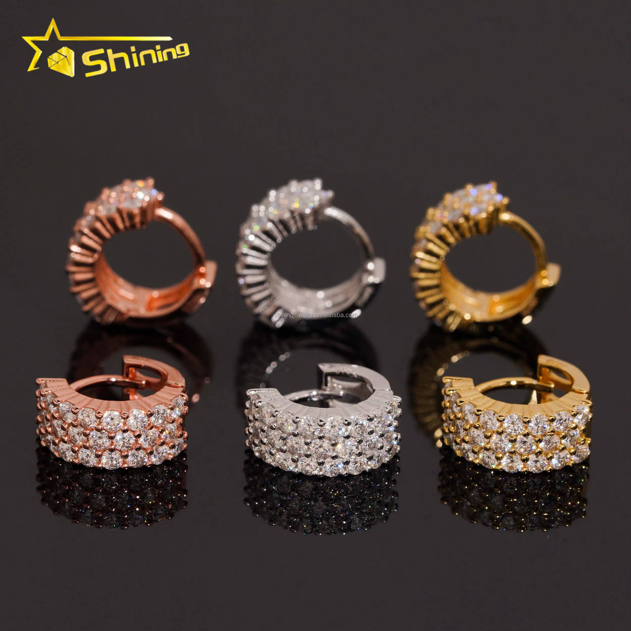 Fashion Rapper Jewelry 3Rows Vvs Moissanite Diamond Hoop Earrings Unisex Hip Hop Iced Out 925 Silver Moissanite Hoop Earrings