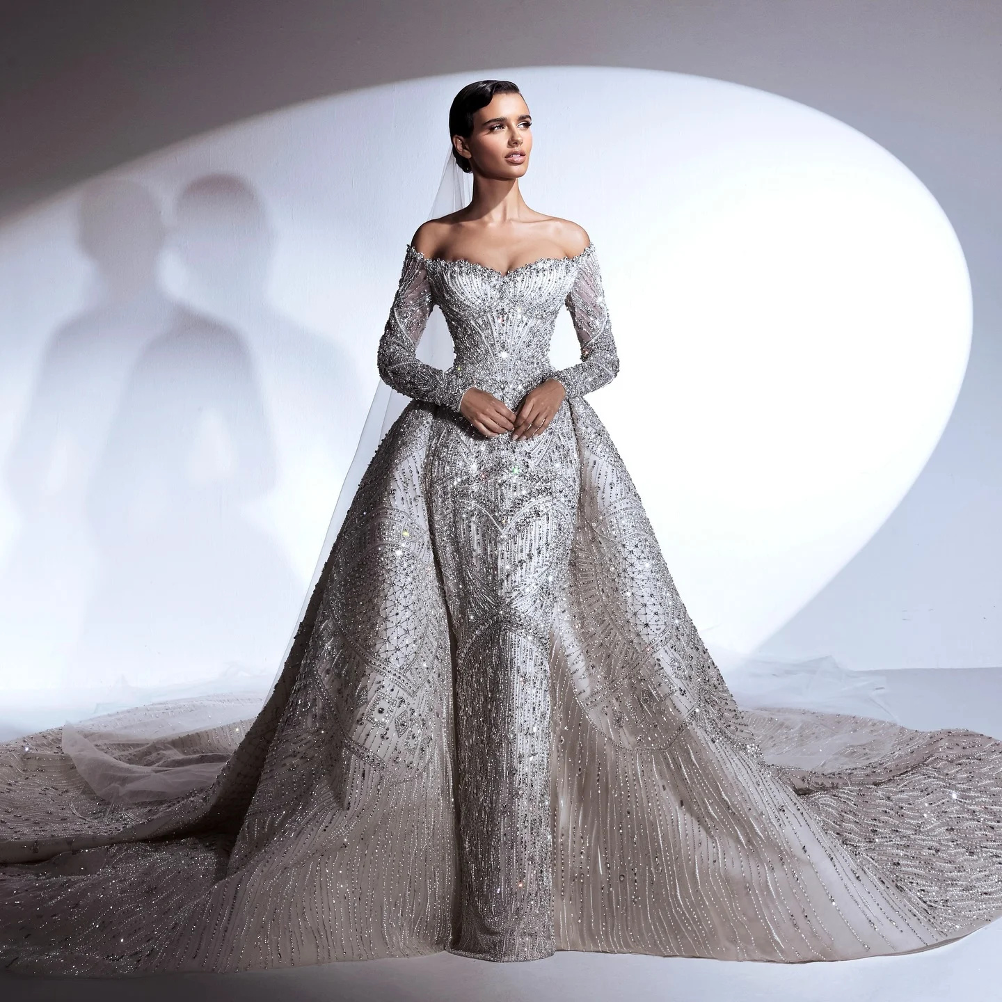 Exquisite Crystal Sheath Wedding Dress Beaded Long Sleeve Bridal Dress with Detachable Train Customized vestidos de novia