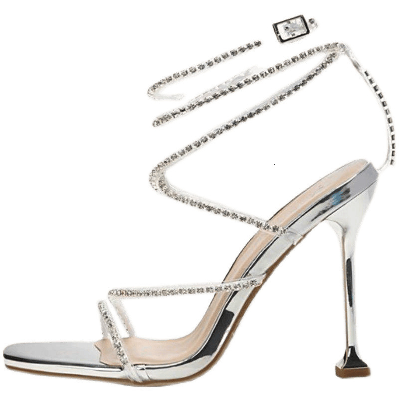 Designer sandals Giant Sparkle~2025 Summer Silver Rhinestone Sandals Fairy Open-Toe Snake-Shaped Wrap Strap One-Word Buckle Thin Heel High Heels