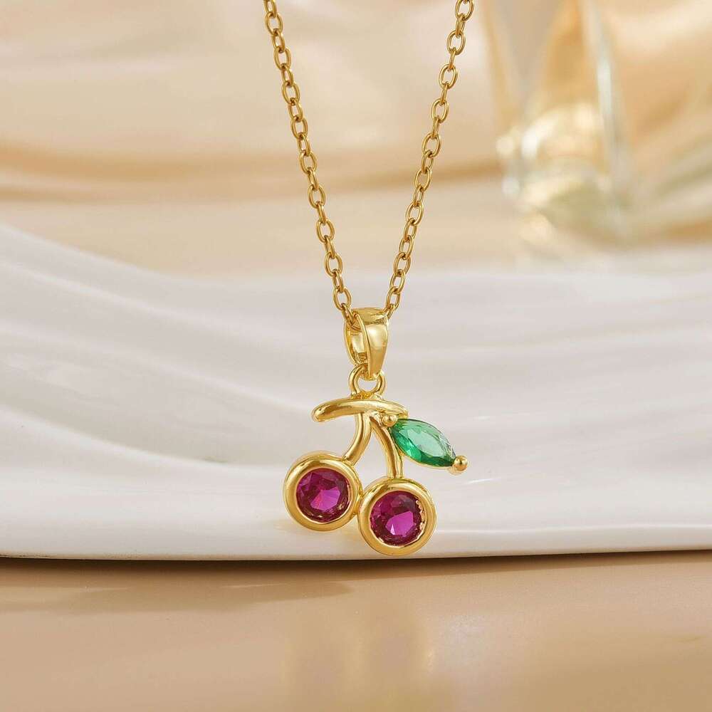 Hot Selling Fashion Simple Fruit Cherry Red Pendant Enamel Women's Collarbone Versatile Necklace Wholesale 3B3