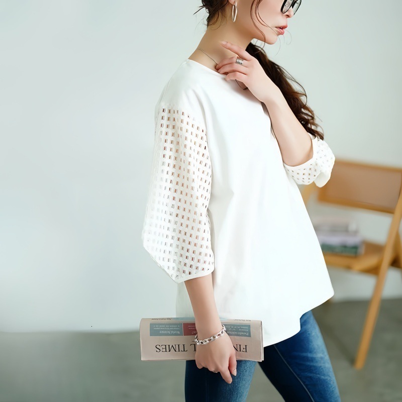 Summer New Women S T Shirt Cross Border Foreign Trade Japan And South Korea Style Hollow Out Sleeves Spliced Loose Mid Sleeve Top Colors Designer
