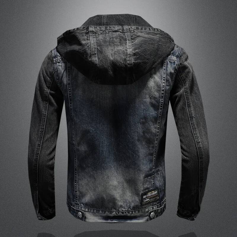 Men Spliced Hooded Washed Denim Jacket Long Sleeve Cardigan Single Breasted Outerwear Loose Coats Pockets High Street Button
