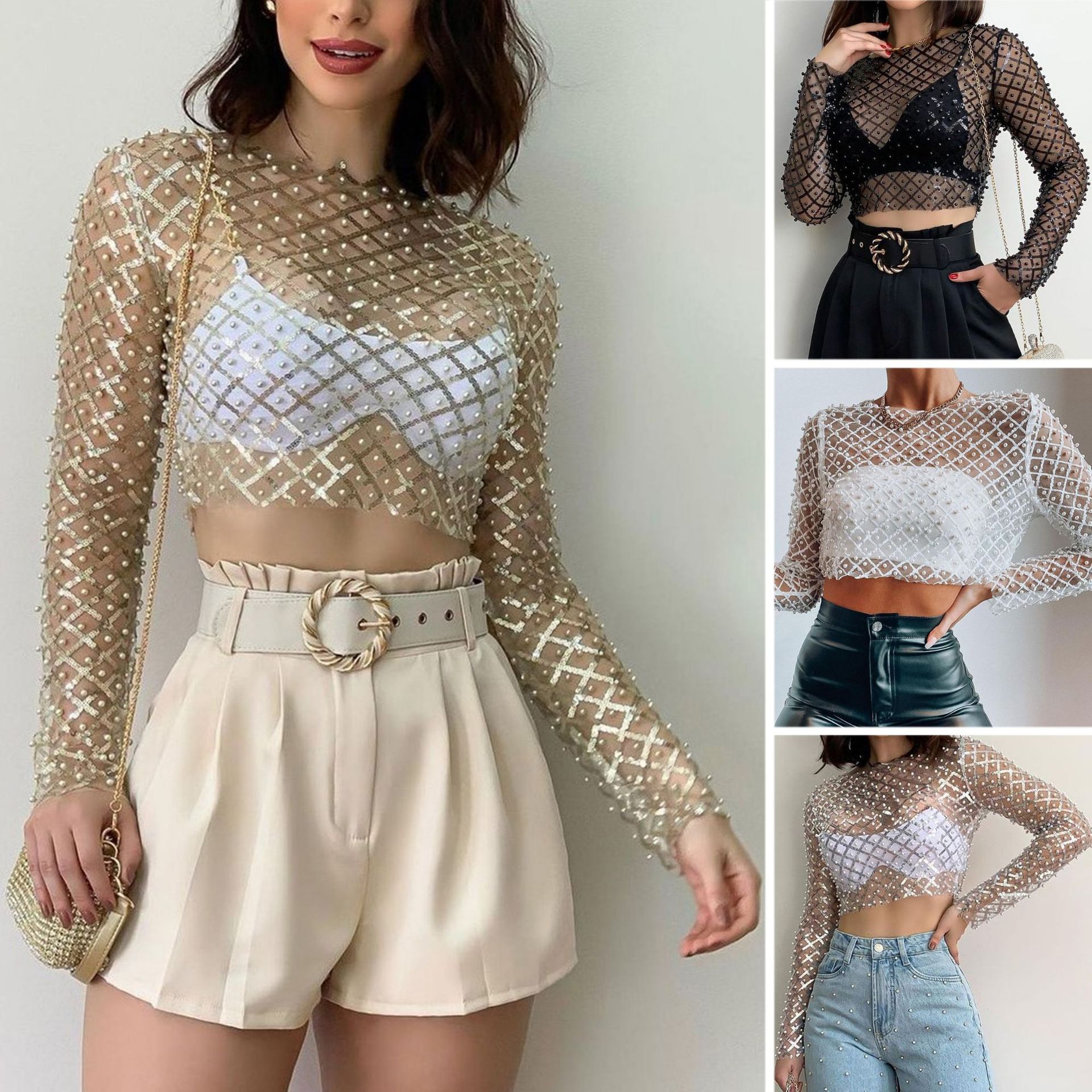Summer New Women S T Shirt European And American Foreign Trade New Amazon Hot Selling Women S Sexy Mesh Beaded Sequin Long Sleeve Top T Shirt New Desi