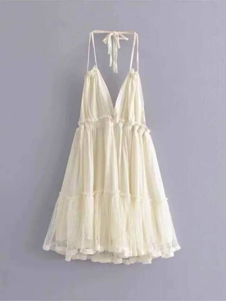 BOHO Women Lacing Up Bow Halter Collar Wood ears Patchwork Mesh Pleated Mini Dress Swing Hem Backless Holiday Robe dongdumaoyi