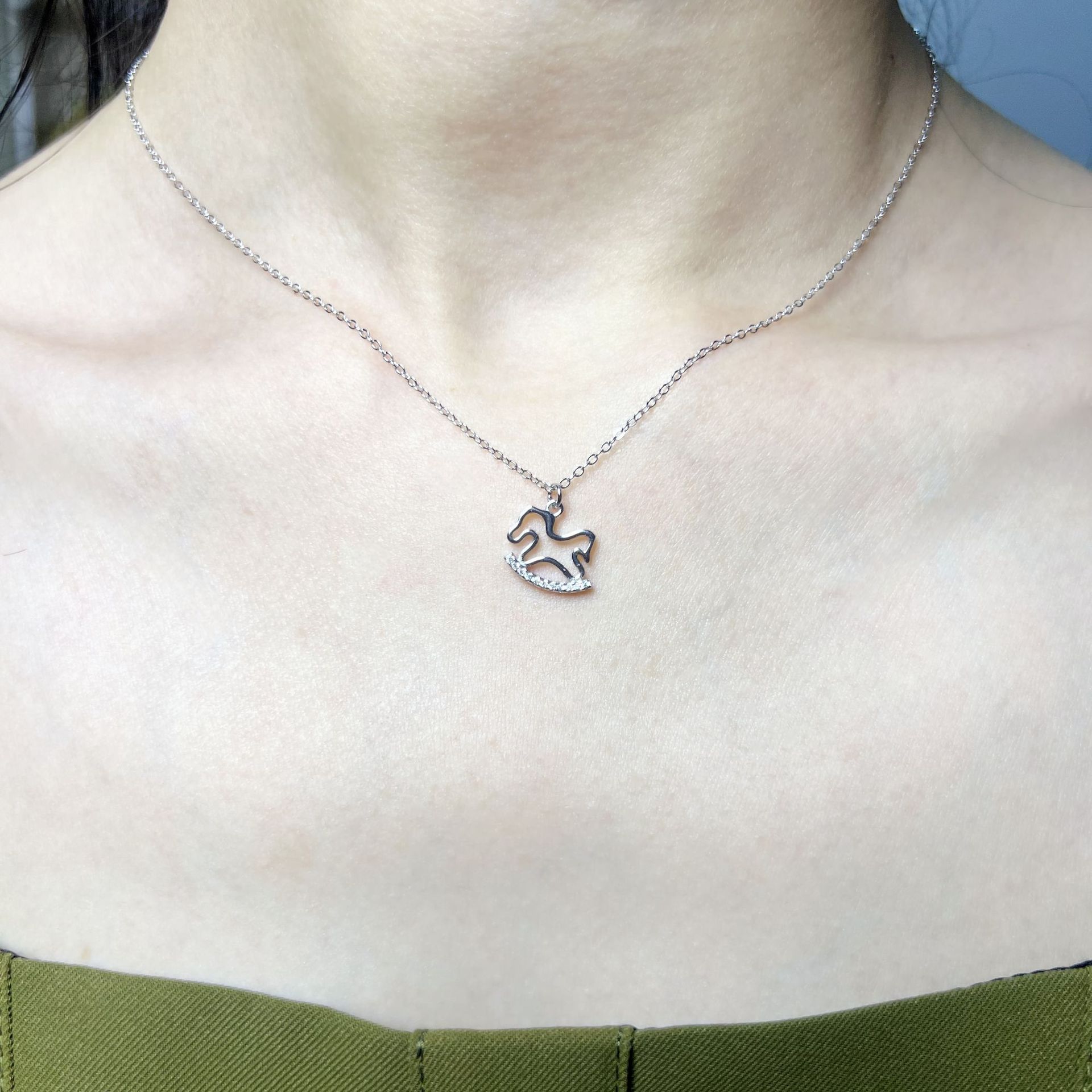 Delicate Silver - Toned Open - Work Rocking Horse Necklace With Rhinestone - Encrusted Base Charming Gift For Daily Wear And Special Occasions Fashion