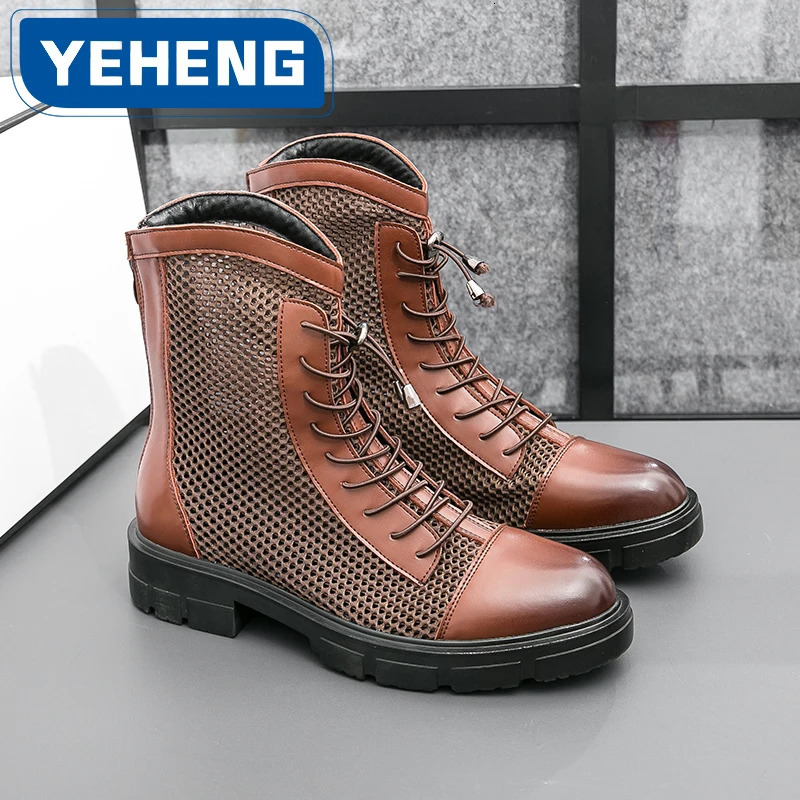 Summer Mens leather boots Thick Sole Mesh Hollow Out Outdoor Fashionable Breathable Motorcycle High Bond Leather Shoes 250715