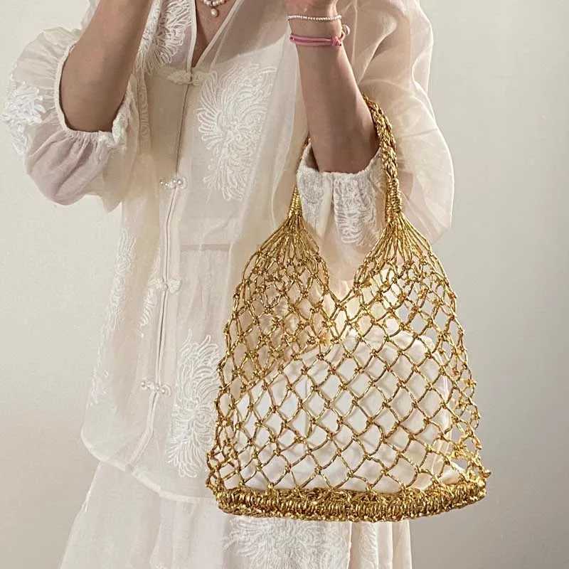 Hylhexyr Ins New Solid Color Gold and Thread Handmade Weaving Bag Bucket Shaped Handbag Beach Bags