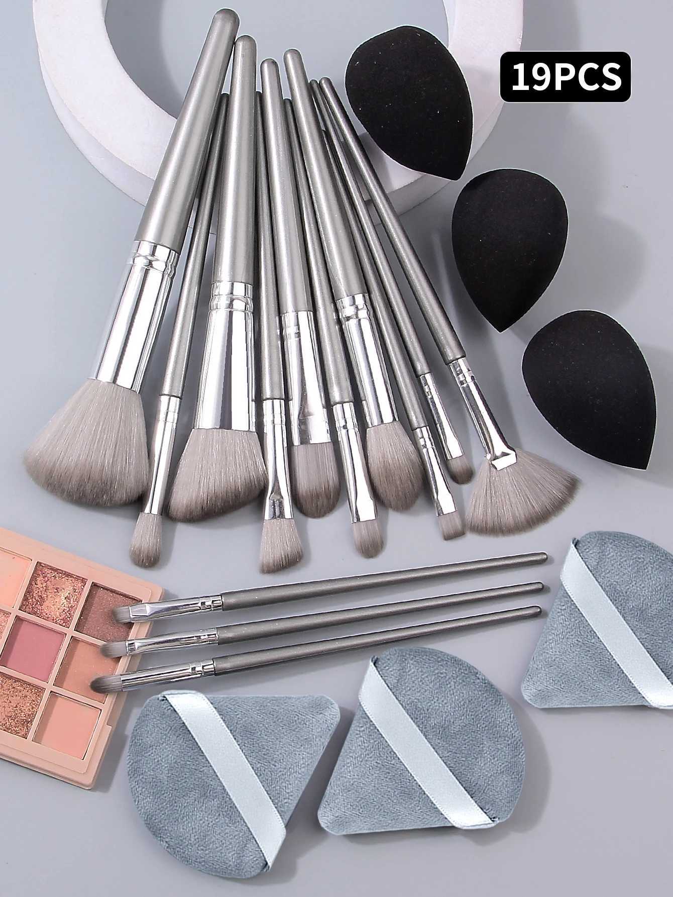 19Pcs Vegan Makeup Brush Sponge Kit /Travel - Pro Synthetic Brushes 3 Dual Blenders Puffs 6-in-1 Gift Set XJ2500716