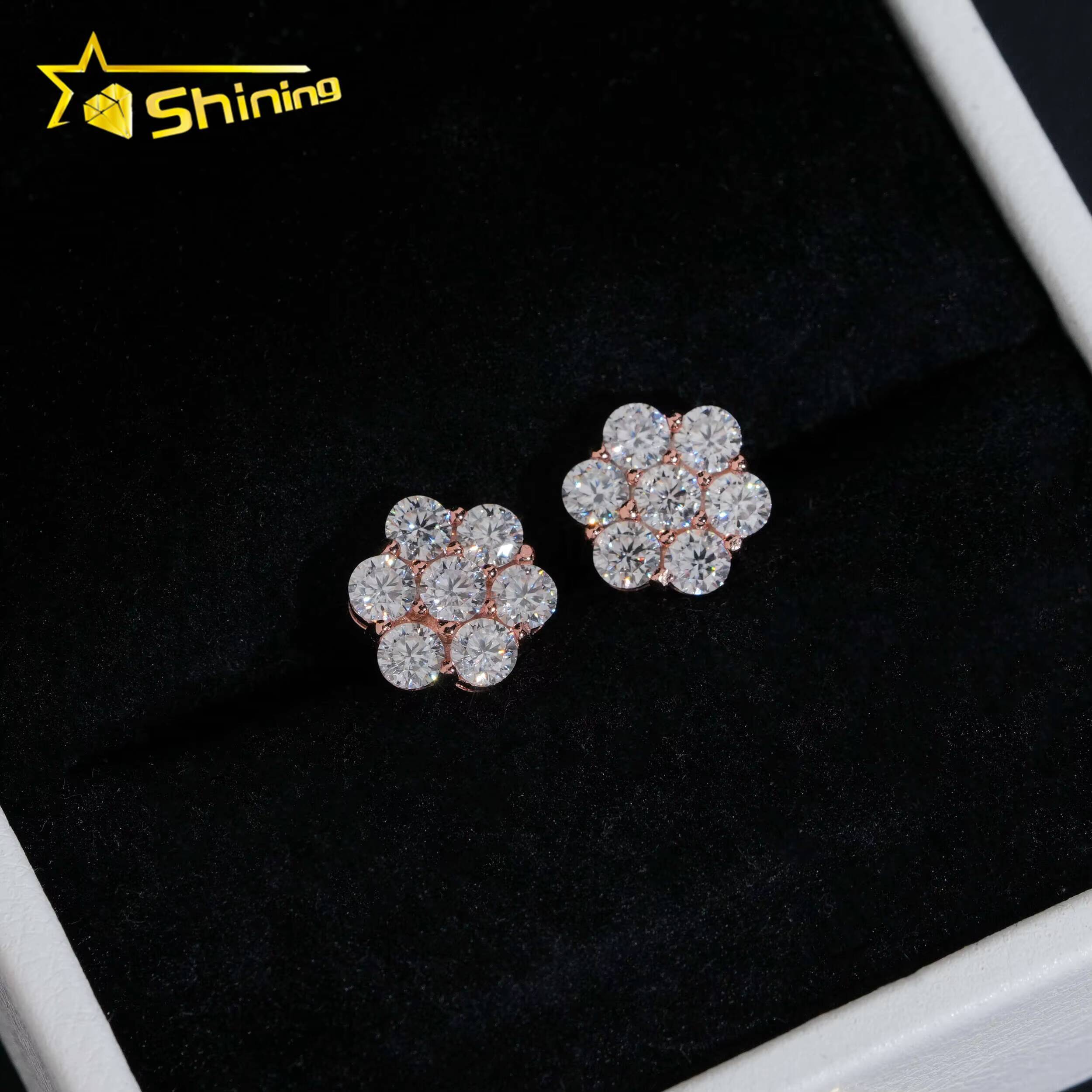 Ready to Ship Stock Drop Shipping Mens Iced Out Hip Hop Sterling Silver 925 Screw Back Moissanite Flower Cluster Stud Earrings