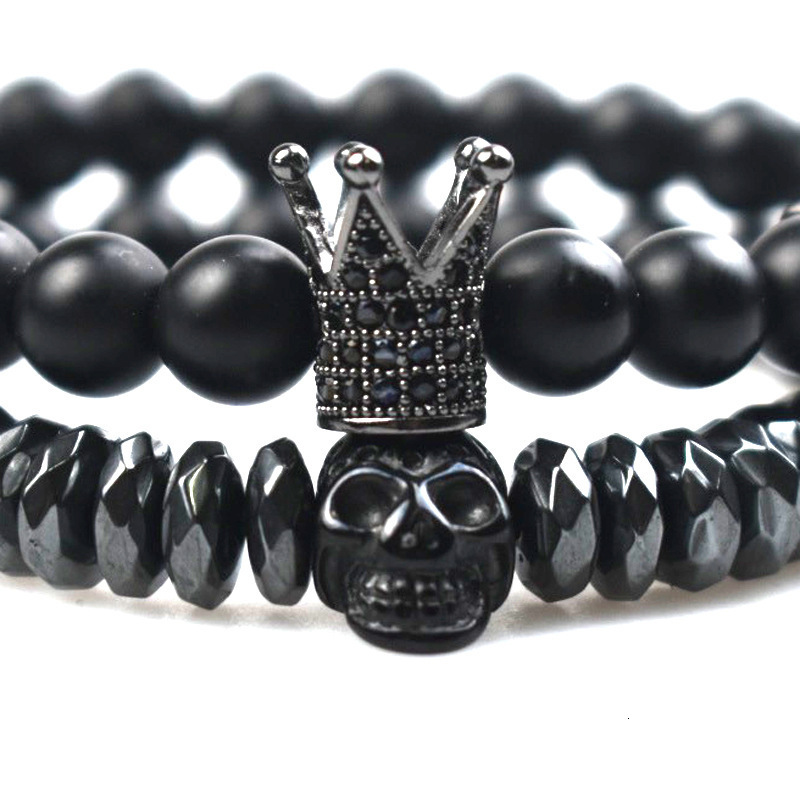 Copper micro-inlaid skull ghost crown hexagonal set bracelet frosted natural stone beaded bracelet 250517