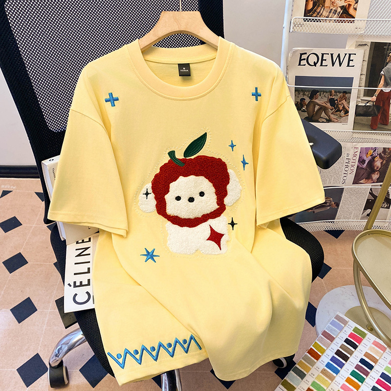 Summer New Women S T Shirt Heavy Yellow Puppy Embroidered Short Sleeve T Shirt For Women Summer Dopamine Outfit Niche Design Loose Top New Designer T 