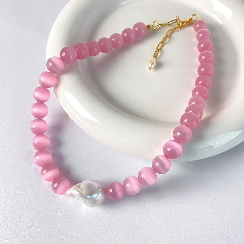 Pink stone beaded necklaces for women big baroque necklace summer holiday beach jewelry cute 2000s aesthetic jewelry 250712
