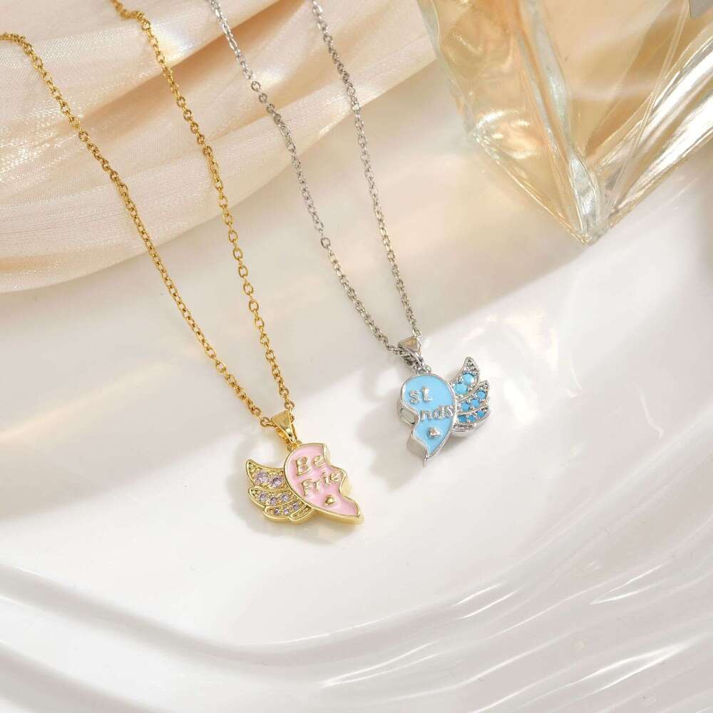 New Letter Best Friends Heart Splicing Bestie Necklace Wing Pendant 079