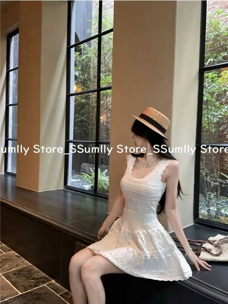 French Elegant Lace White Slip Dress Women 2025 Summer Knit Sweet Vest Mini Dresses Korean Chic Sleeveless Casual One-Piece Dress R250716
