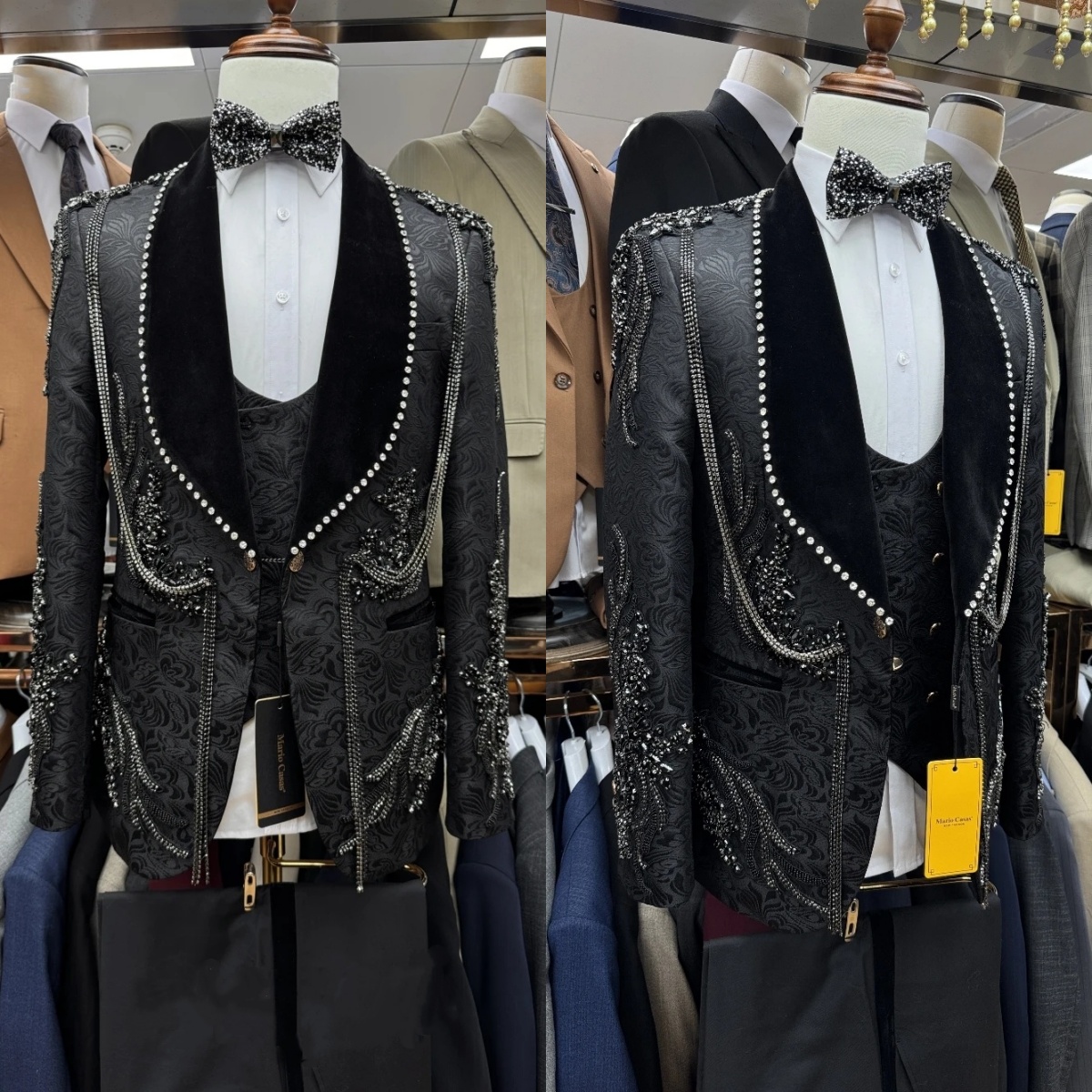 Luxury Men Suits Tailor-Made 3 Pieces Appliques Shawl Lapel Jacket Rhinestone Tassel Jacquard Groom Customized Coat Vest Pants Plus Size