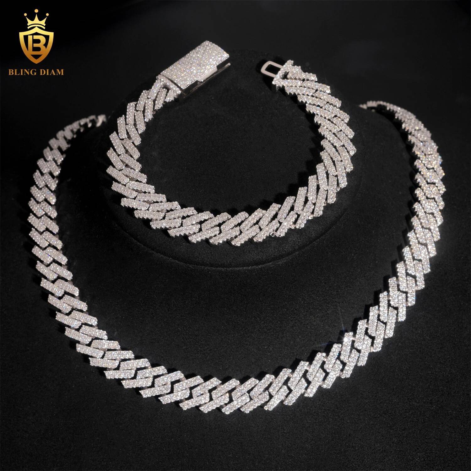 Hip Hop Jewelry 12mm Iced Out 925 Silver Gold Plated D Color Link Moissanie Cuban Chain Bracelet Necklace