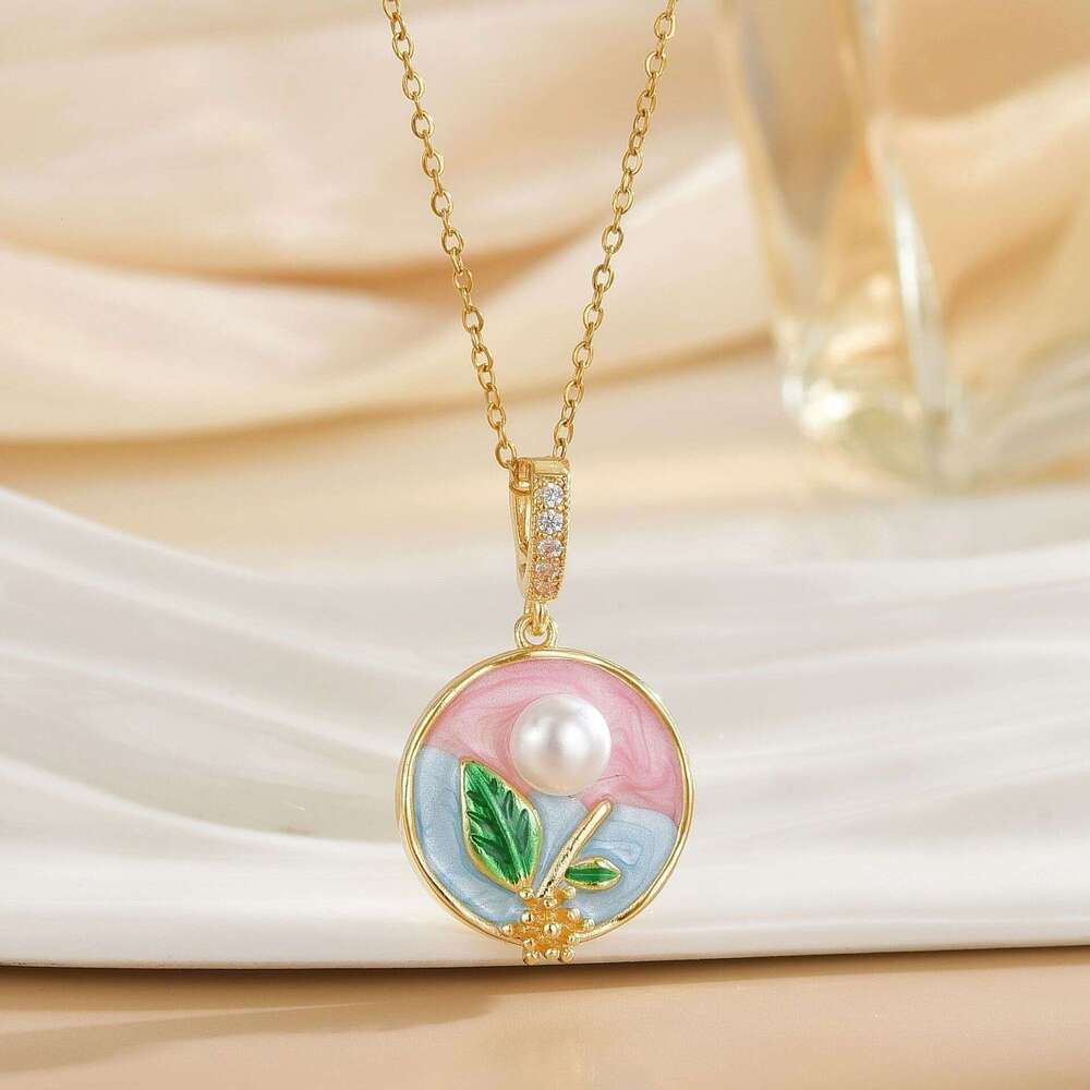 National Style Oil Drop Monet Garden Painted Copper Pendant Necklace For Women Exquisite High-End Jewelry Titanium Steel Clavicle Chain 89A