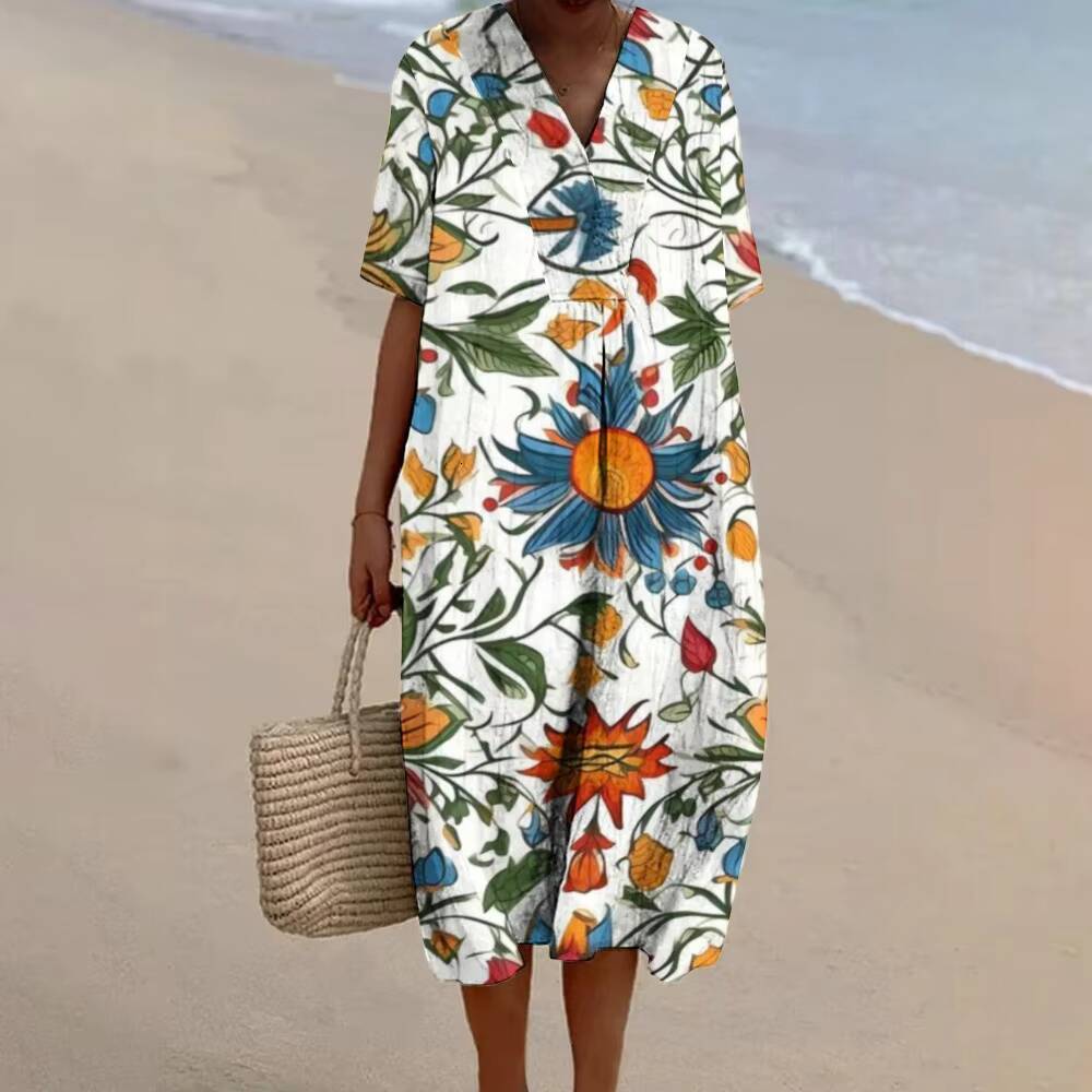 A-line Casual Daily linen womens luxury print Cotton Short Sleeve V Neck Bohe Mini Dresses Loose Fit Beach hawaiian dress dongdumaoyi