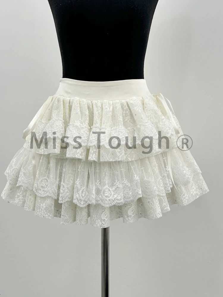 Summer Princess Elegant Mini Skirt Suit Women French Fashion Casual Y2k Lolita 2-Piece Set Female Lace Solid Bow Kawaii Set 2024 R250716