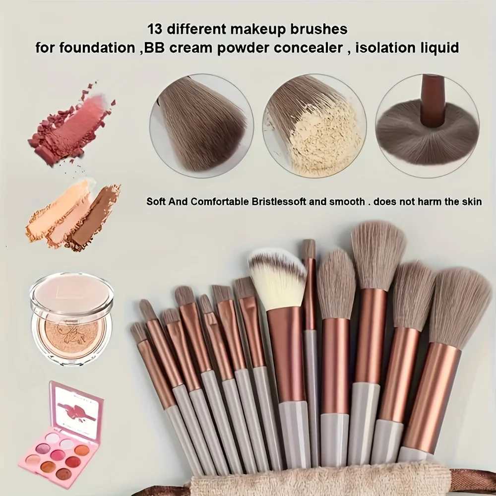 13 Makeup Brushes + 2 Puffs Set with Portable Storage Bag Animal Hair Makeup Brush Set Soft and Not Stiff for Beginners XJ2500716