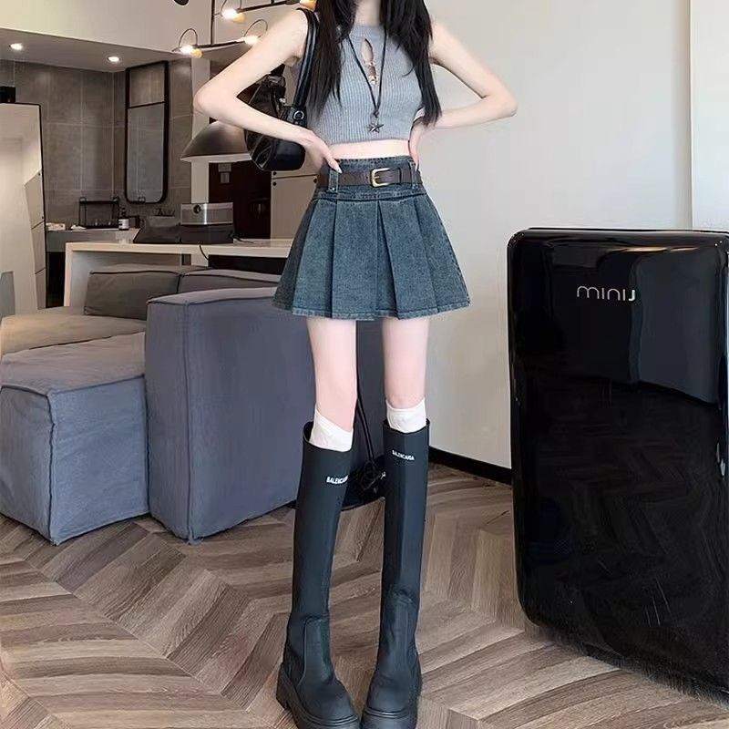 2025 Summer New Denim Midi Skirt for Women High Waist Versatile Slimming A-Line Pleated with Design Sense Short