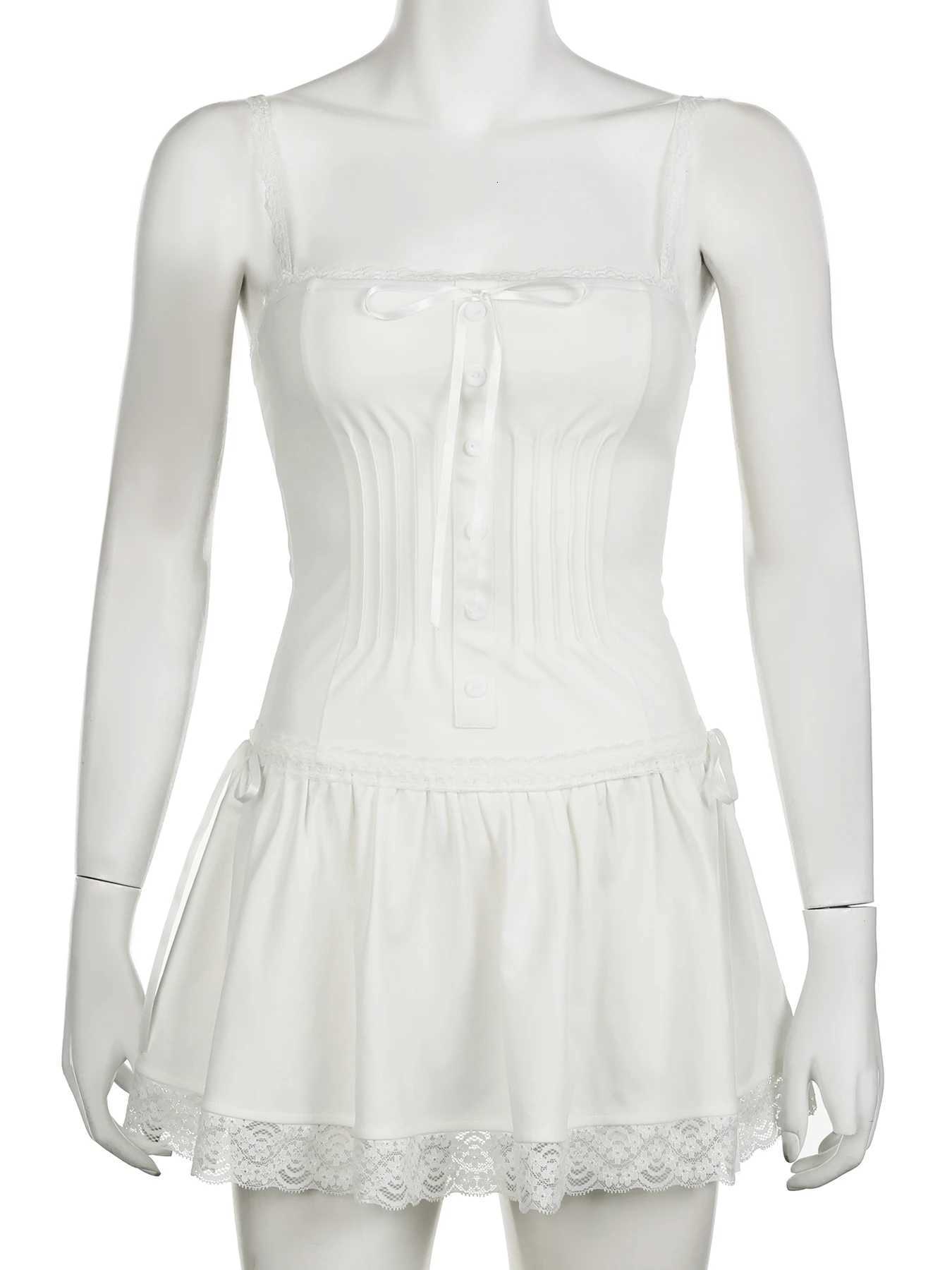 1Masure Vintage Lace Trim Bandage A-Line Dress Sexy Slim Slash Neck Sleeveless Mini Dresses for Women 2024 Summer Fashion Ladies R250716