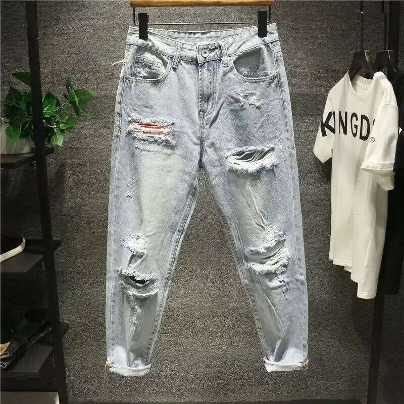 Men's Jeans With Holes Man Cowboy Pants Cropped Harem Hip Hop Trousers Torn Ripped Broken Retro Classic Trend 2024 Korean Style