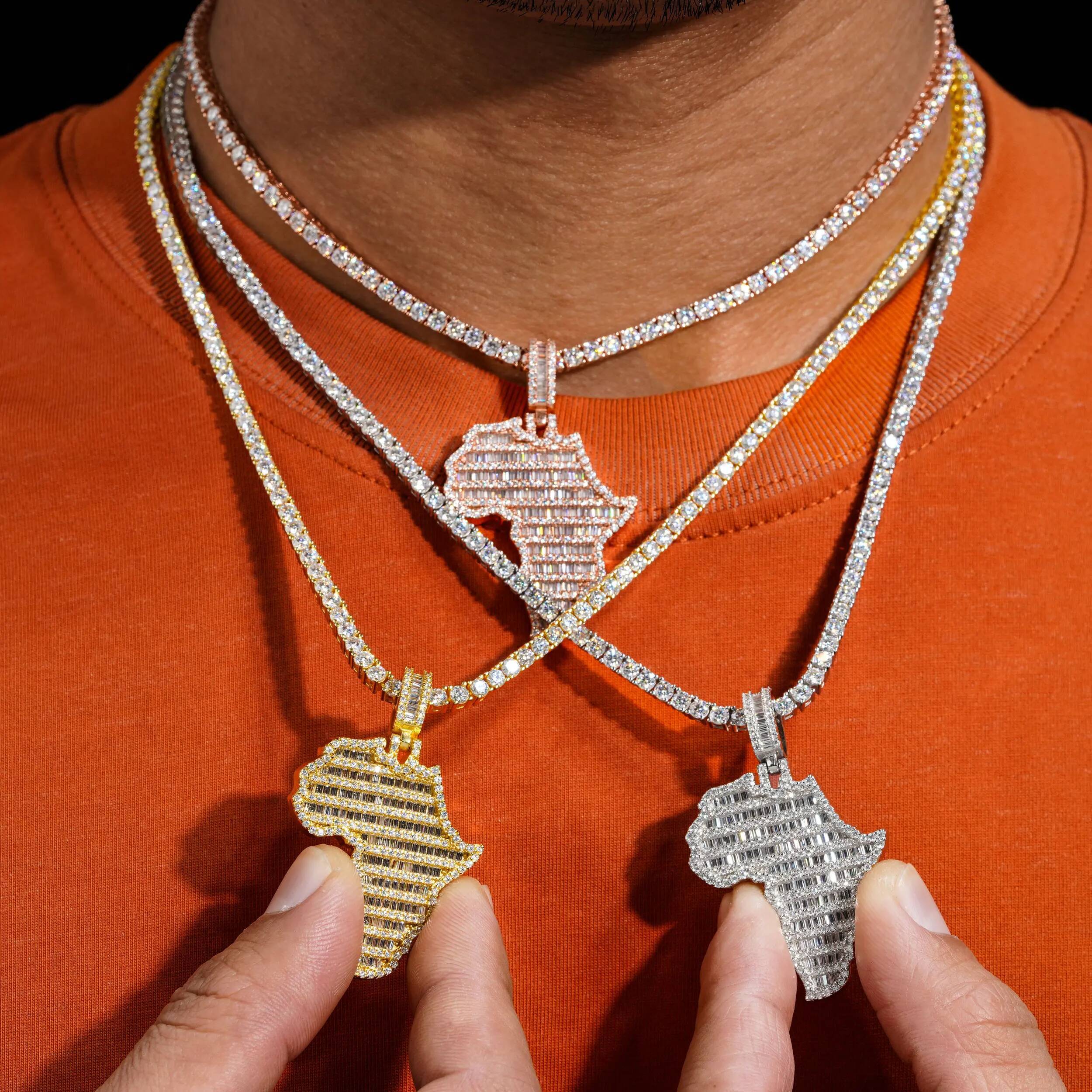 Hip-hop Iced Moissanite Africa Map Pendant Women Men S925 Silver D Color VVS Moissanite Diamond Pendant Tennis Chain Pass Tester