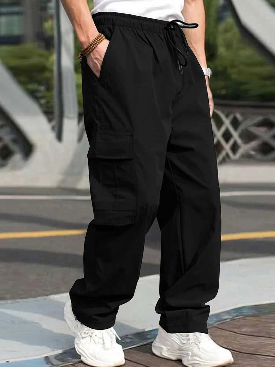 Men s Loose Cargo Long Pants Solid Color Drawstring Waist Straight Leg Trousers Casual Work Pants with Pockets y250716