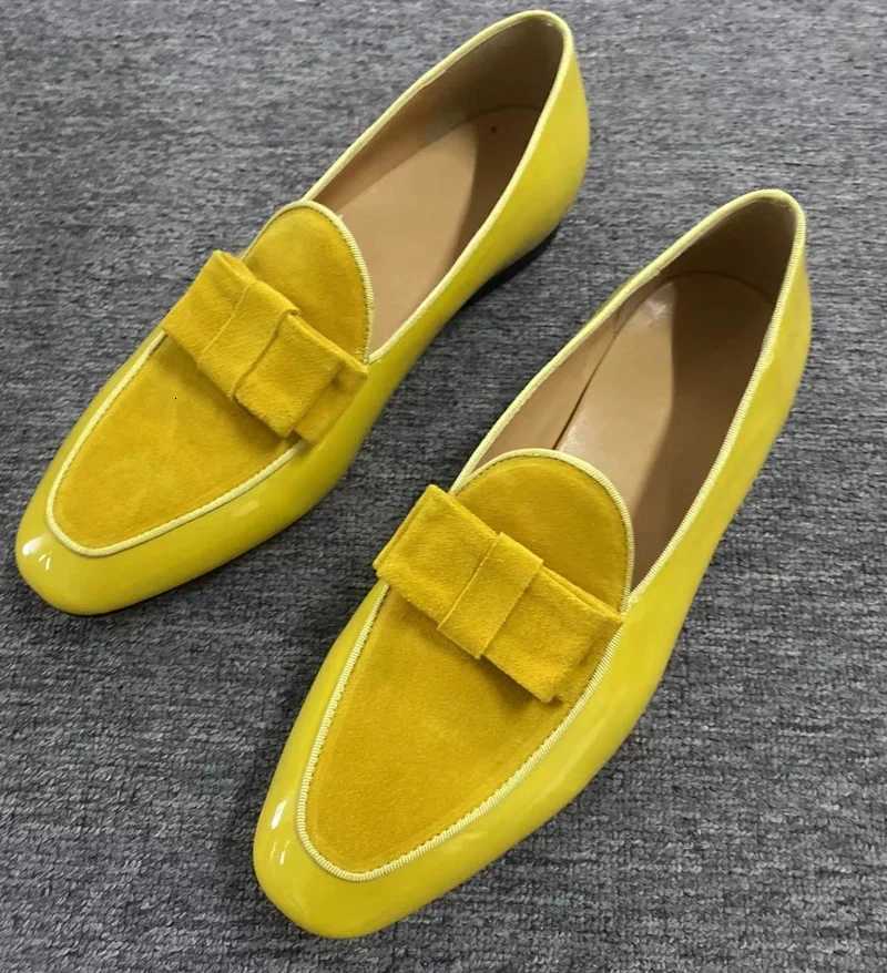 New Yellow Patent Leather Shoes Fashion Bowtie Loafer Mens Dress Shoes Handmade Slip On Mens Casual Shoes Party And Prom Shoes W250716