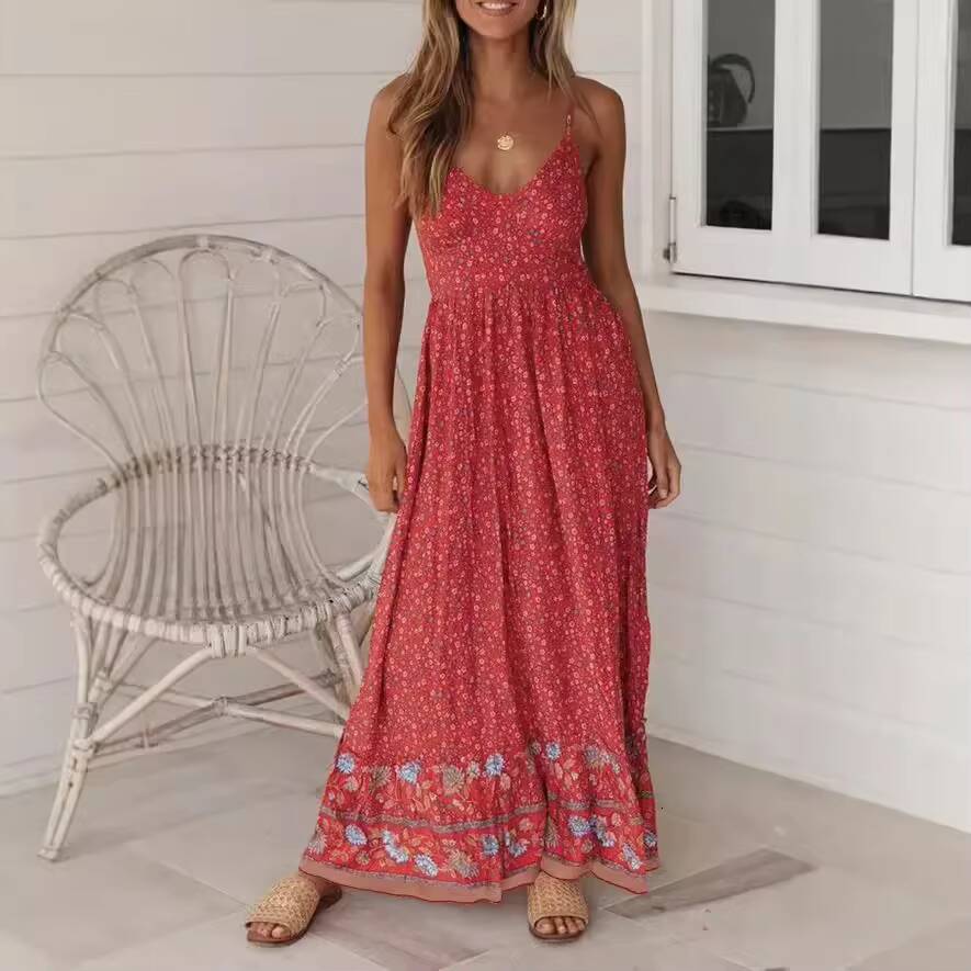 2025 Summer New Style Womens Bohemian V-Neck Tank Large Ornamentation Amazon Cross-Border Fashion Dress dongdumaoyi